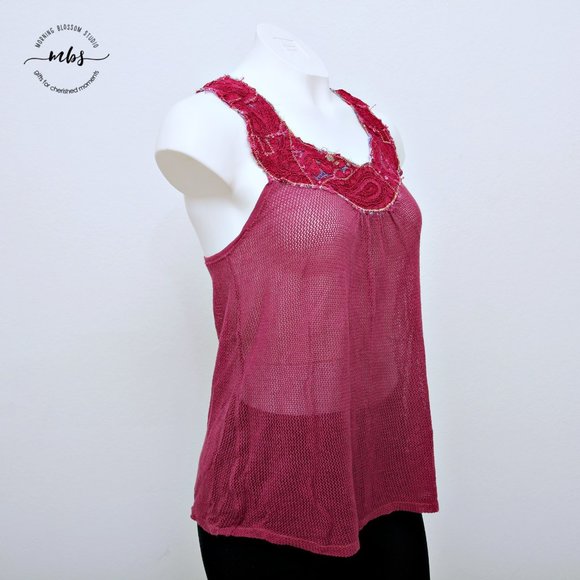 Free People Vintage Floral Laced Trim Sheer Mesh Sleeveless Round Neck Top - Picture 5 of 16